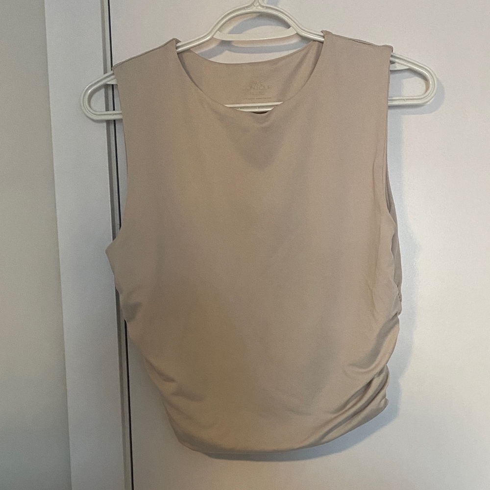 Sleeveless Muscle Tank Top with Side Ruching - Beige